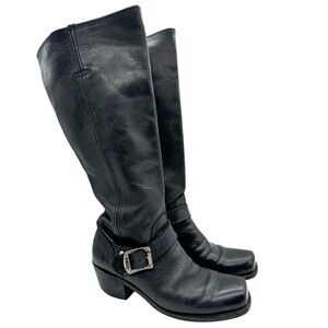 Frye Women's Square Toe Buckle Heeled Knee High Moto Boots Black Size 6.5